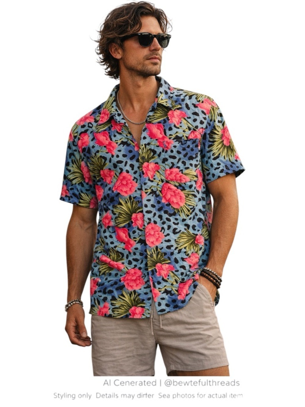 Retro Tropical Floral Camp Shirt Blue Pink Festival Hawaiian L